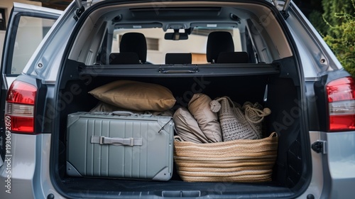 A car trunk filled with travel essentials. A light gray suitcase, woven basket, and pillows are neatly arranged inside.