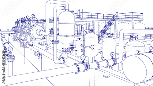 Large Industrial Gas Compressor Station with Pipelines, Pressure Tanks and Control Valves – Heavy Process Plant for Oil and Gas Industry, Petrochemical Refinery Infrastructure, Energy Production 