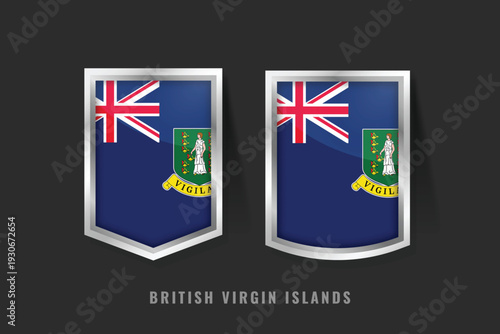 Professional 3D vector illustration of British Virgin Islands flag badges. Glossy metallic shields featuring the Blue Ensign and Saint Ursula emblem for British Overseas Territory designs.