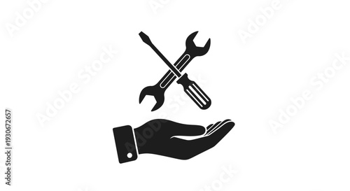 Black Silhouette Icon of a Hand Holding a Screwdriver and Wrench, Representing Technical Assistance or Professional Repair Service on an Isolated White Background.