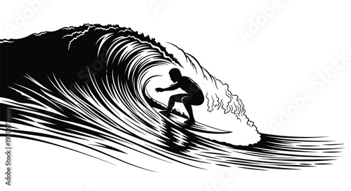 Surfer rides massive wave silhouette against white background dynamic ocean motion action packed scene