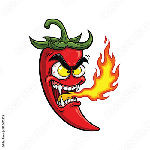 Cartoon chili pepper with an angry face breathing fire isolated on a white background