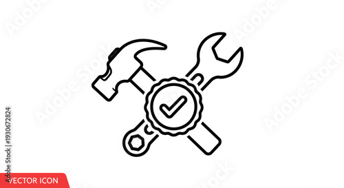 Outline Icon of a Hammer and Wrench with a Checkmark Signifying Successful Repair, Service Completion, or Fix Confirmed on an Isolated White Background.