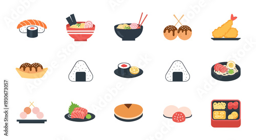 Japanese Food Icon Set Flat Vector Illustration of Sushi Ramen Takoyaki Onigiri and Bento Box