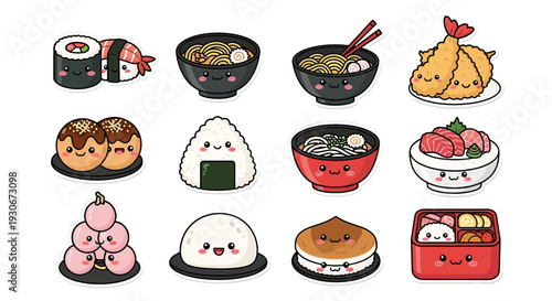 Kawaii Japanese Food Sticker Set, Cute Vector Illustration of Sushi, Ramen, Onigiri, Tempura, Takoyaki, and Dango on White Background