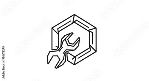 Outline Wrench Tool within a Hexagonal Frame, representing mechanical engineering and technical maintenance on an isolated white background.