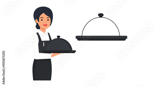 Restaurant service icon showing waiter hand holding covered serving tray cloche in solid and outline styles
