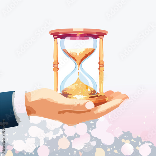 Hourglass held in hand against abstract background