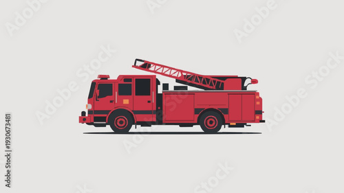 Flat Red Fire Truck Silhouette with Ladder – Emergency Vehicle Vector Icon Isolated on White