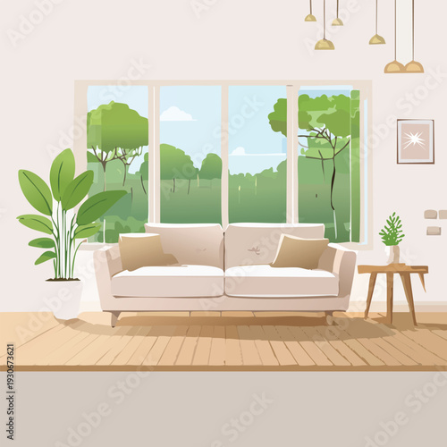 Modern living room with sofa overlooking outdoor scenery