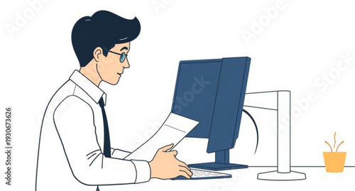 A professional businessman in a formal suit sits at an office desk working on a laptop computer with a keyboard and screen showing modern internet technology communication