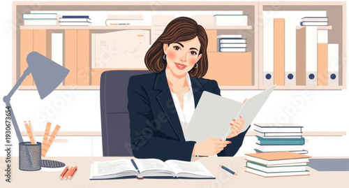 A confident, professional businesswoman in a suit sits at her office desk smiling while working on a laptop computer