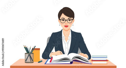 A smiling businesswoman with glasses sits in a professional office holding a pen to write in a book, blending business expertise with a student's passion for learning and knowledge