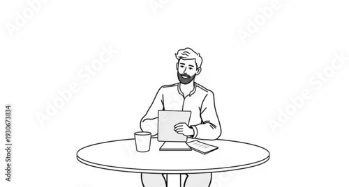 A cartoon illustration of a business person sitting at an office desk and meditating in a yoga pose while working