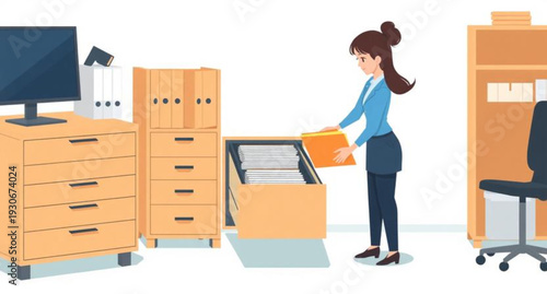 A 3d cartoon illustration of a young business woman worker in an office opening a cardboard delivery box package as part of a warehouse shipping concept