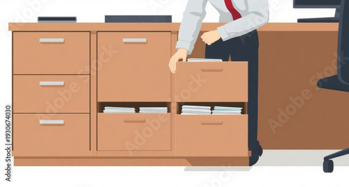 A professional businessman works at a wooden office desk featuring organized folders and a storage cabinet with archive file drawers for document data management in a modern interior