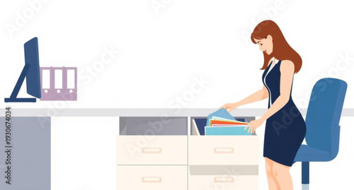 A busy young businesswoman working on a laptop at her office desk in this vector cartoon illustration of a professional person in a room