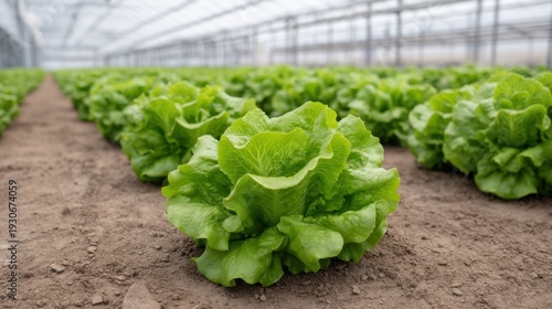 Indoor Greenhouse with Rows of Fresh Lettuce for Sustainable Farming in Controlled Environment