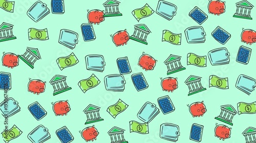 Wallets, banks, cash, piggy banks, and tablets on a teal background. Suitable for finance, savings, banking, and technology concepts.