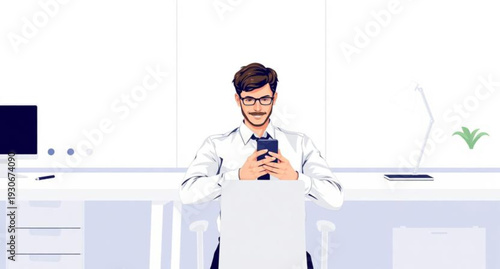A handsome professional doctor sits at a desk in a medical office working on a laptop computer with a smile