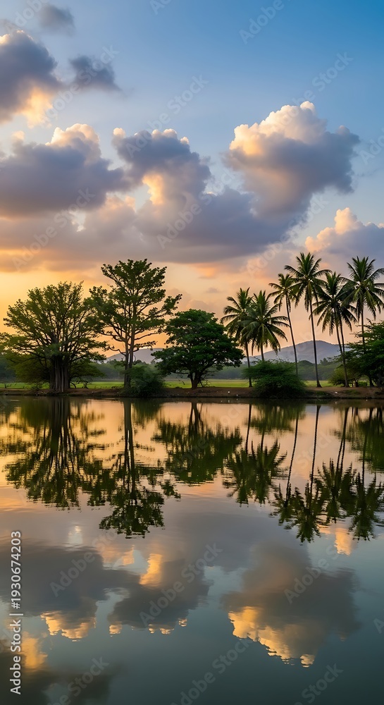 Obraz premium Tropical trees and clouds reflected in calm water at sunset.