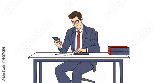 A handsome young executive in a professional suit and tie is sitting at an office desk working on a laptop computer as a corporate manager