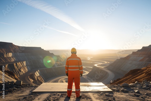 An employee surveying a stunning mining site at sunset. The worker is standing and looking toward the sun