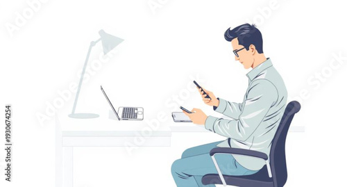 A young businessman sitting at an office desk works on his laptop with a programmer and secretary in a flat vector illustration