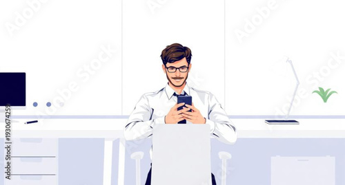 A handsome professional doctor sits at a desk in a medical office, smiling while working on a laptop computer