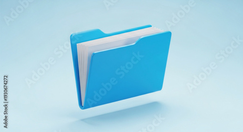 Blue digital folder icon with paper sheets floating on light blue background representing data organization file management storage system and archive storage