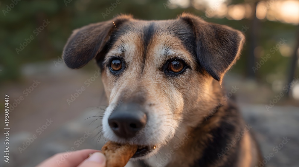 Obraz premium A dog happily takes a treat offered by a hand during golden hour in an outdoor natural setting