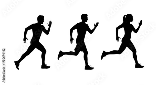 Three silhouettes of runners in different stages of a race