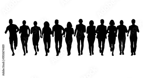 Silhouettes of people walking together in a straight line outdoors