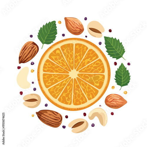 Orange slice with almonds cashews and mint leaves composition