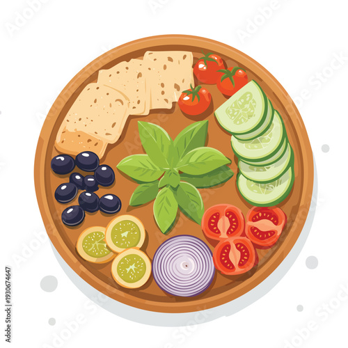 Overhead view of fresh ingredients on a wooden platter