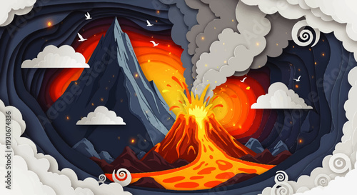Dynamic Paper-Cut Scene A Majestic Volcano Erupts Molten Lava and Volcanic Ash into a Fiery Twilight Sky, Representing Earth's Intense Geothermal Activity