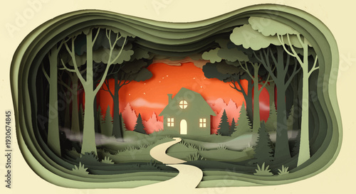 Enchanting paper cut-out illustration of a cozy forest house nestled among layered trees, illuminated by a vibrant sunset glow, with a winding path leading home under a single star