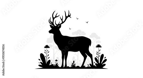Deer Silhouette with Antlers and Plants.