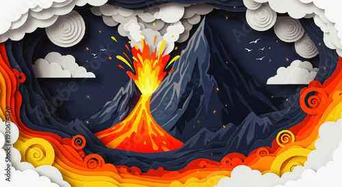 Dramatic volcanic eruption with lava flow against a dark, stormy sky, rendered in a unique papercraft style