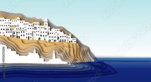Picturesque layered paper art illustration of a charming white village perched on a dramatic cliff overlooking the serene blue sea, capturing tranquil Mediterranean beauty