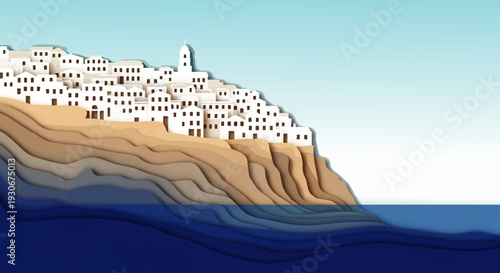 Idyllic white village perched on a layered cliff overlooking the serene deep blue sea under a calm sky, evoking tranquil coastal living and Mediterranean charm