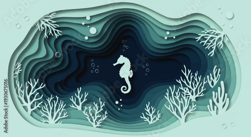 Immersive layered paper art illustration capturing the tranquil underwater world, showcasing a graceful seahorse amidst delicate coral and bubbles