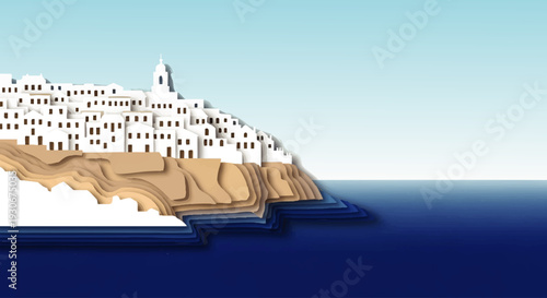Charming layered illustration of a picturesque white village cascading down a rugged cliffside, overlooking the serene blue ocean under a clear sky, crafted in a stylized paper-cut technique