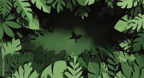 Enchanting paper cut-out jungle landscape featuring a diverse array of green leaves and a lone bird silhouette soaring through the dim, mysterious opening
