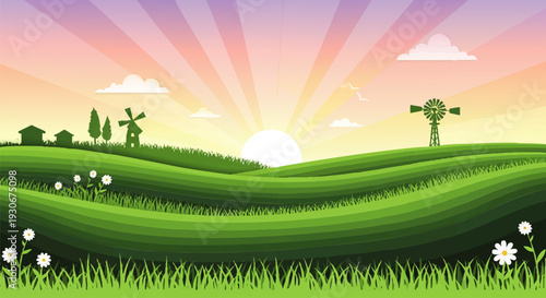 Beautiful sunrise over rolling green hills with windmills and scattered wildflowers, evoking a peaceful rural landscape