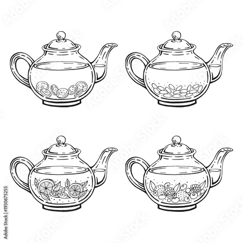 Set with teapot. Medicinal tea. Hand drawn vector illustration.