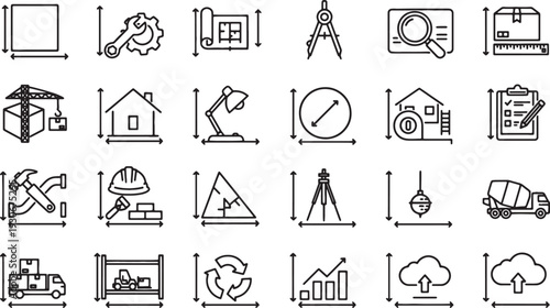 line icons of construction and architecture tools and objects
