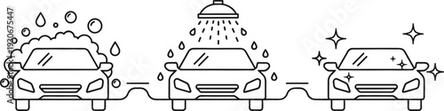 Car Wash Service Line Icon Set Showing Soap Cleaning, Water Rinse, and Polishing Process for Automotive Maintenance Design