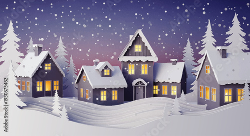 Enchanting snow-covered village at dusk with warm lights glowing from windows, evoking a cozy winter wonderland atmosphere
