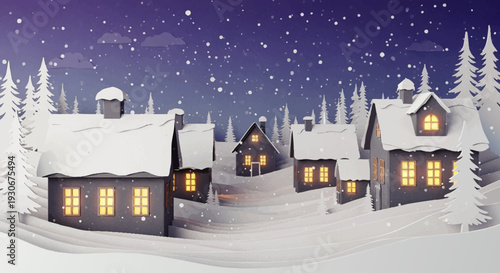 Serene winter night village illustration with snow-covered houses, warm glowing windows, and frosted trees, evoking a peaceful and magical holiday season atmosphere
